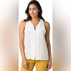 prAna Women's Nieves Woven Organic Cotton Button Closure Tank in Soft White Sz L